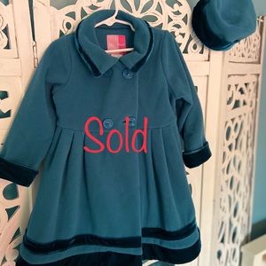 **SOLD** Girl’s Size 4T Teal Fleece & Velvet-Trimmed Dress Coat w/Matching Hat